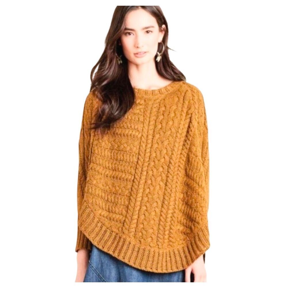 Angel Of The North Sz L Anthropologie Mustard Knit Rounded Hem Poncho Sweater